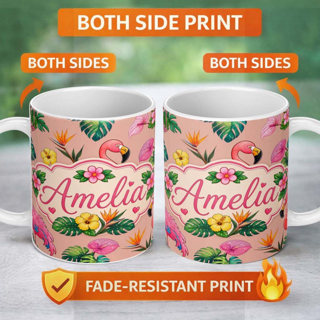Personalized Custom Name Tropical Flamingo with Hibiscus Flowers and Leaves Peach Background 11oz Ceramic Coffee Tea Mug White Large Handle