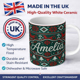 Personalized Custom Name Cute Green Red Nordic Animal Winter Festive Knitted Seamless Pattern 11oz Ceramic Coffee Tea Mug White Large Handle