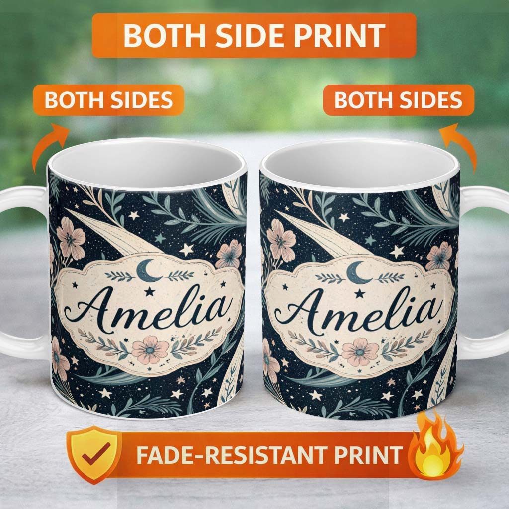 Personalized Custom Name Botanical Crescent Moon Floral Night Seamless Pattern Lovely 11oz Ceramic Coffee Tea Mug White Large Handle