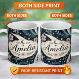 Personalized Custom Name Botanical Crescent Moon Floral Night Seamless Pattern Lovely 11oz Ceramic Coffee Tea Mug White Large Handle