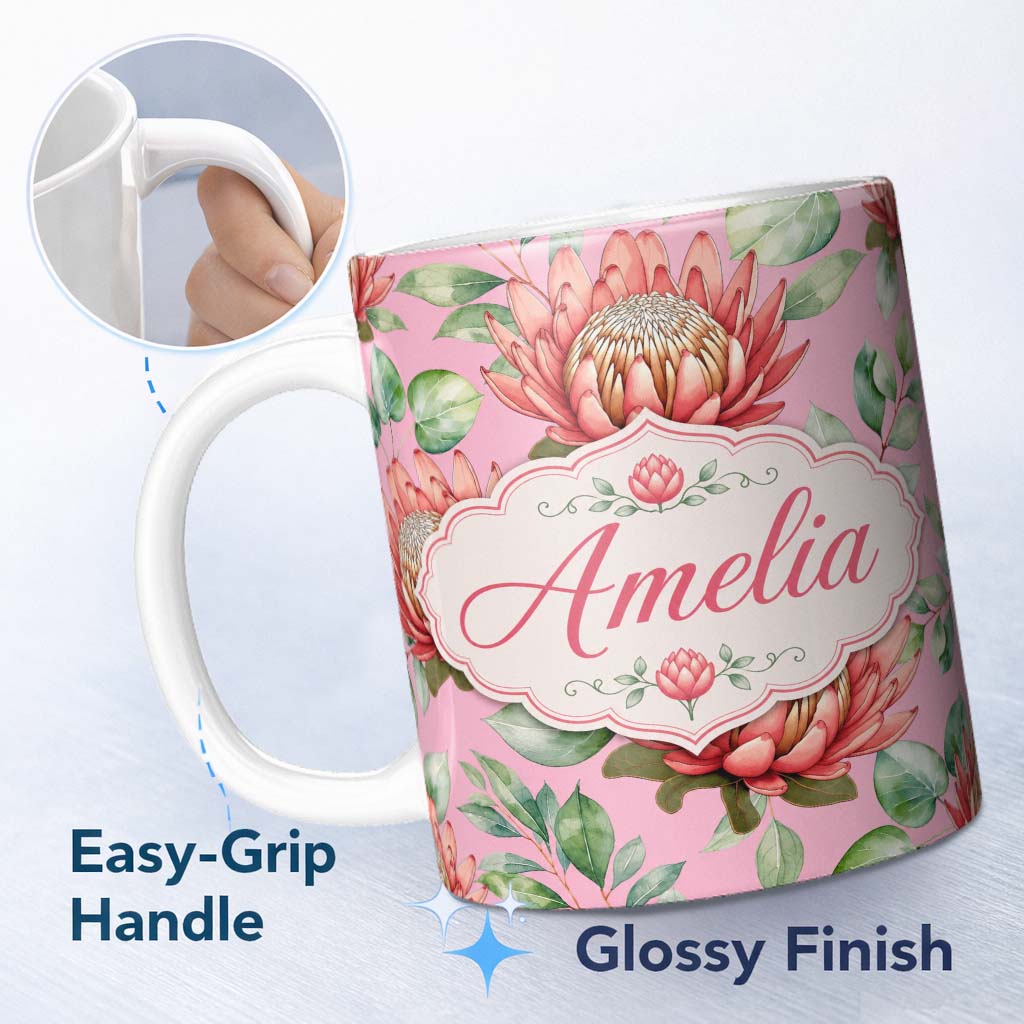 Personalized Custom Name Coral Protea Flowers on Rose Pink Background Seamless Botanical 11oz Ceramic Coffee Tea Mug White Large Handle