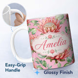 Personalized Custom Name Coral Protea Flowers on Rose Pink Background Seamless Botanical 11oz Ceramic Coffee Tea Mug White Large Handle