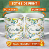 Personalized Custom Name Watercolor Cute Baby Dinosaur Forest Seamless Pattern Lovely 11oz Ceramic Coffee Tea Mug White Large Handle