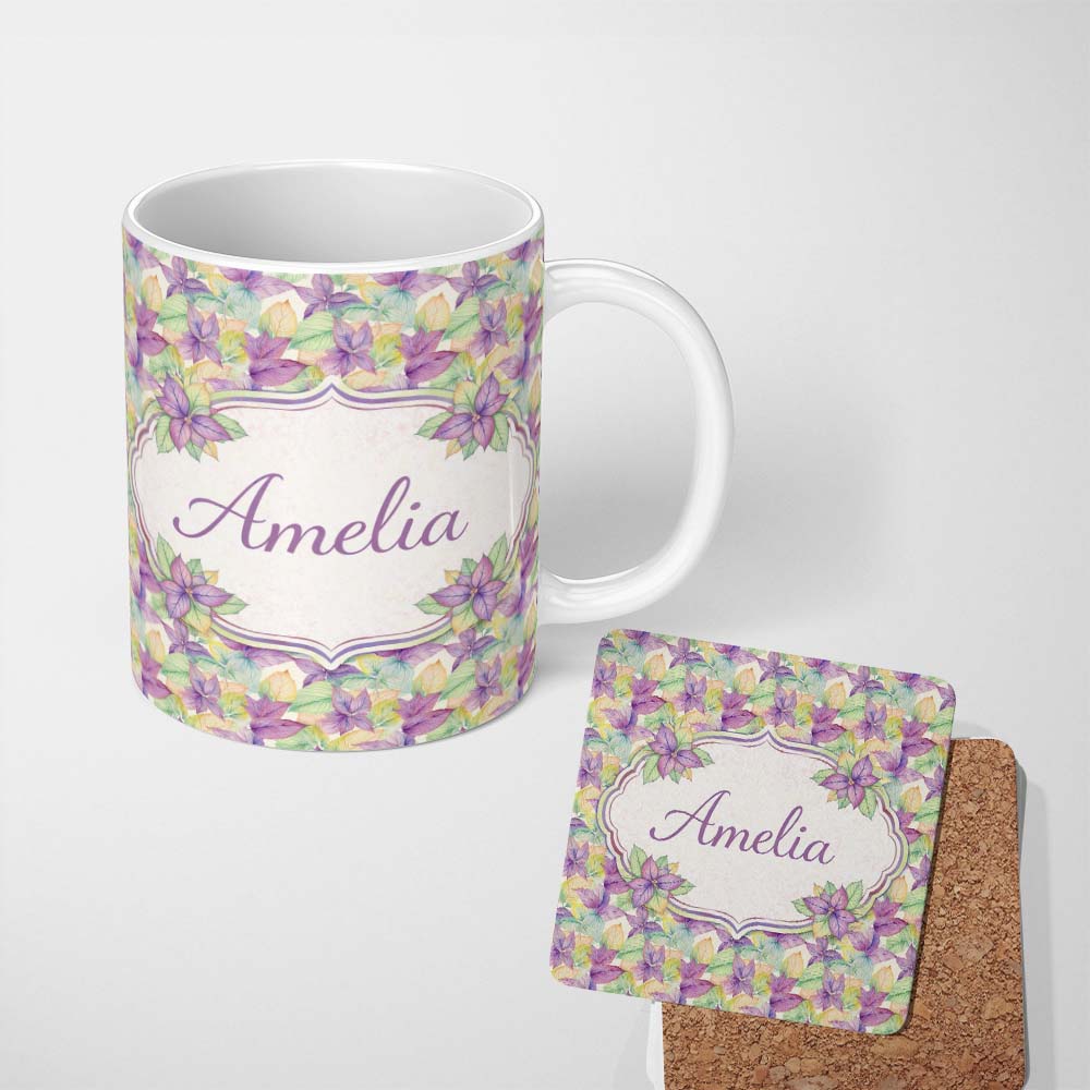Personalized Custom Name Pastel Watercolor Leaves Soft Botanical Seamless Pattern Lovely 11oz Ceramic Coffee Tea Mug White Large Handle