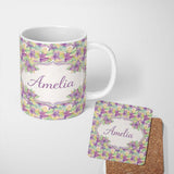 Personalized Custom Name Pastel Watercolor Leaves Soft Botanical Seamless Pattern Lovely 11oz Ceramic Coffee Tea Mug White Large Handle