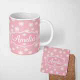 Personalized Custom Name Soft Pastel Pink Snowflakes Winter Seamless Pattern Cute Unique Gift 11oz Ceramic Coffee Tea Mug White Large Handle