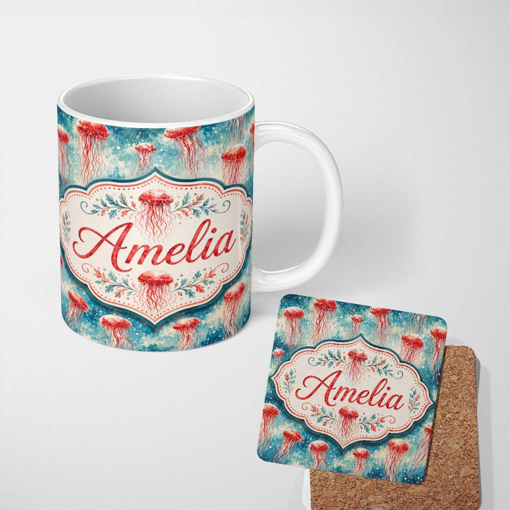Personalized Custom Name Watercolor Red Jellyfish on Ocean Blue Background Seamless Artistic 11oz Ceramic Coffee Tea Mug White Large Handle