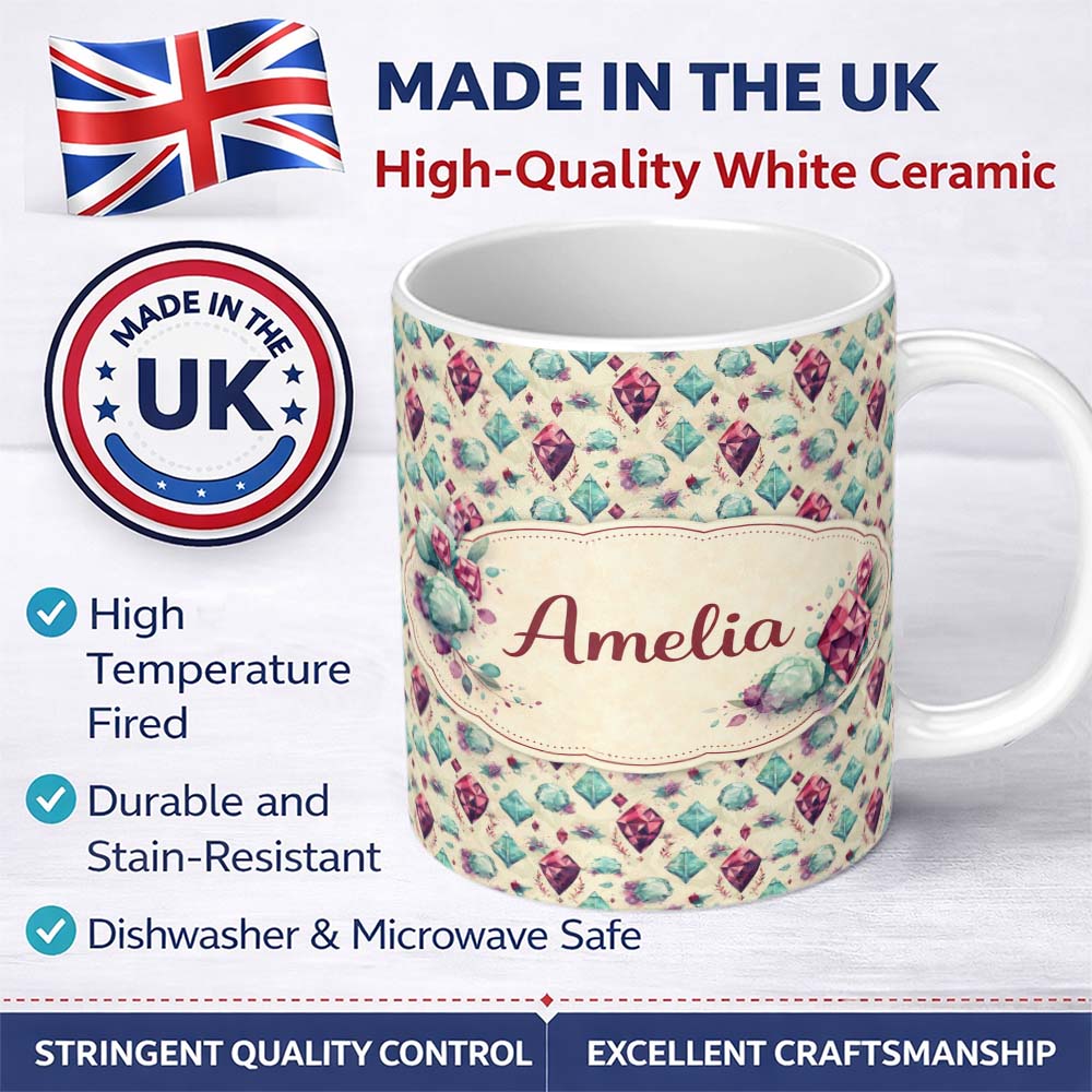 Personalized Custom Name Colorful Confetti Gemstone Beige Background Playful Crystal Design 11oz Ceramic Coffee Tea Mug White Large Handle
