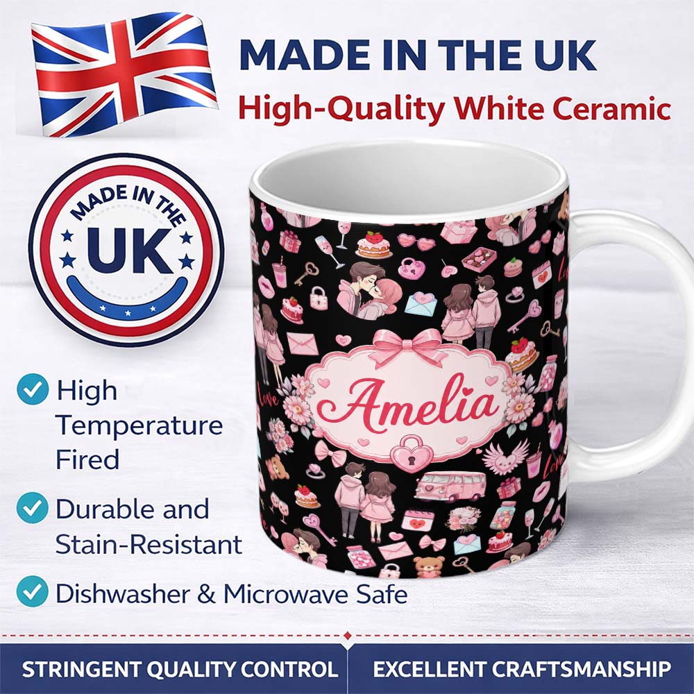 Personalized Custom Name Cute Love Couple Gifts Cakes Teddy Bear Seamless Pattern Black 11oz Ceramic Coffee Tea Mug White Large Handle