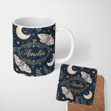 Personalized Custom Name Mystical Tree Moon Stars Celestial Forest Seamless Pattern Lovely 11oz Ceramic Coffee Tea Mug White Large Handle