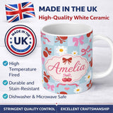 Personalized Custom Name Cute Cherry Bow Daisy Heart Seamless Pattern on Blue Gingham Lovely 11oz Ceramic Coffee Tea Mug White Large Handle