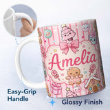 Personalized Custom Name Cute Christmas Gingerbread Candy House Gifts Pattern Pink Stripe 11oz Ceramic Coffee Tea Mug White Large Handle
