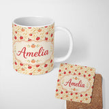 Personalized Custom Name Stylized Apples with Flowing Leaves on Cream Background Seamless 11oz Ceramic Coffee Tea Mug White Large Handle