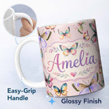 Personalized Custom Name Colorful Watercolor Butterflies on Blush Pink Background Seamless 11oz Ceramic Coffee Tea Mug White Large Handle