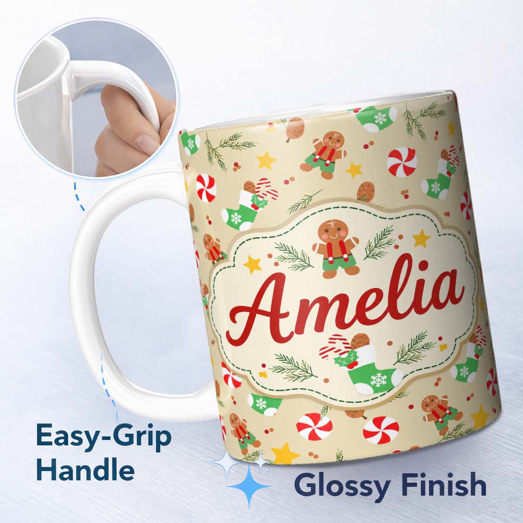 Personalized Custom Name Cute Gingerbread Cookie Candy Stocking Seamless Pattern Lovely 11oz Ceramic Coffee Tea Mug White Large Handle