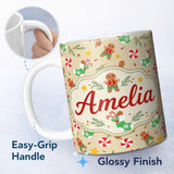 Personalized Custom Name Cute Gingerbread Cookie Candy Stocking Seamless Pattern Lovely 11oz Ceramic Coffee Tea Mug White Large Handle