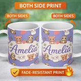 Personalized Custom Name Cute Baby Animals Bear Sheep Sloth Strawberry Cherry Purple Lovely 11oz Ceramic Coffee Tea Mug White Large Handle