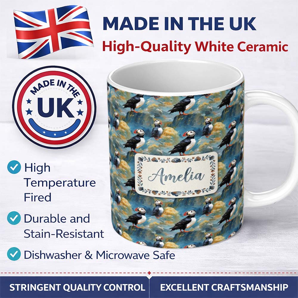 Personalized Custom Name Artistic Puffin Birds on Rocky Landscape Seamless Pattern Lovely 11oz Ceramic Coffee Tea Mug White Large Handle