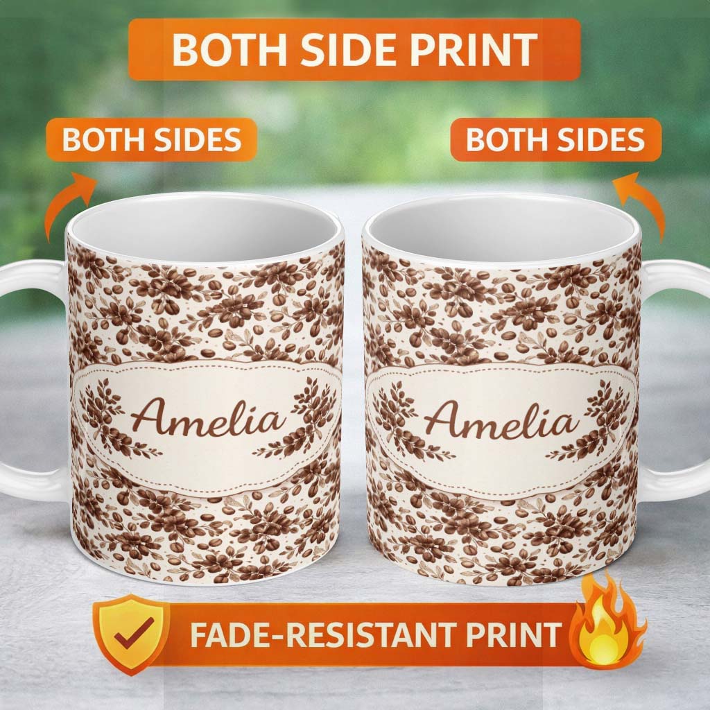 Personalized Custom Name Coffee Beans Rich Brown Dense Seamless Pattern Perfect Gift for Her 11oz Ceramic Coffee Tea Mug White Large Handle