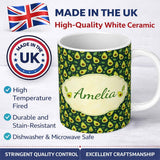 Personalized Custom Name Avocado Leaves Botanical Green Pattern Thoughtful Gift Idea Lovely 11oz Ceramic Coffee Tea Mug White Large Handle