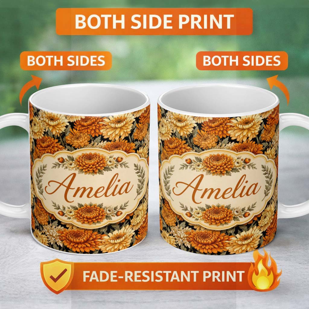 Personalized Custom Name Orange and Cream Chrysanthemum Floral Seamless Pattern on Black 11oz Ceramic Coffee Tea Mug White Large Handle