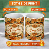 Personalized Custom Name Orange and Cream Chrysanthemum Floral Seamless Pattern on Black 11oz Ceramic Coffee Tea Mug White Large Handle
