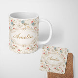 Personalized Custom Name Pastel Floral Spring Pattern Cream Background Seamless Lovely 11oz Ceramic Coffee Tea Mug White Large Handle
