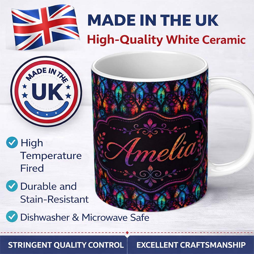 Personalized Custom Name Vibrant Stained Glass Gothic Arch Multicolour Seamless Pattern 11oz Ceramic Coffee Tea Mug White Large Handle