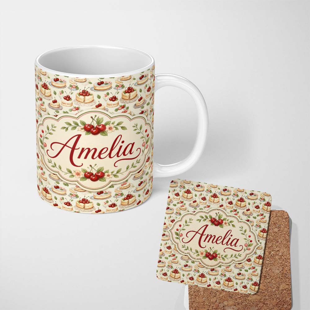 Personalized Custom Name Cherry Cream Layer Cake Elegant Dessert Seamless Pattern Lovely 11oz Ceramic Coffee Tea Mug White Large Handle