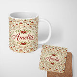 Personalized Custom Name Cherry Cream Layer Cake Elegant Dessert Seamless Pattern Lovely 11oz Ceramic Coffee Tea Mug White Large Handle