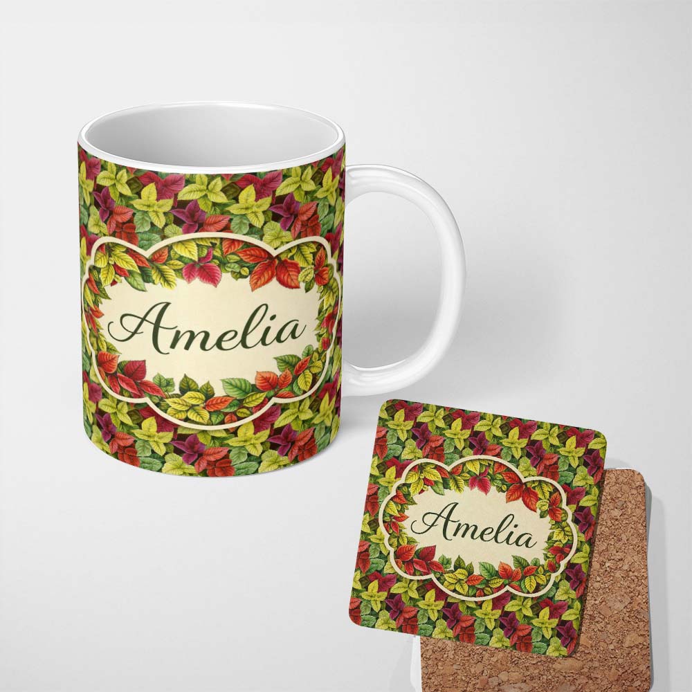 Personalized Custom Name Purple Green Botanical Leaves Watercolor Seamless Pattern Lovely 11oz Ceramic Coffee Tea Mug White Large Handle