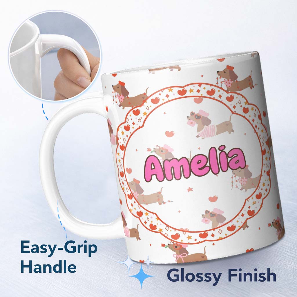 Personalized Custom Name Cute Dachshund Valentine Hearts Love Seamless Pattern Lovely 11oz Ceramic Coffee Tea Mug White Large Handle