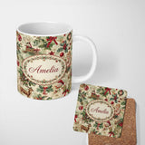 Personalized Custom Name Classic Vintage Christmas Toys Tree Santa Festive Seamless Pattern 11oz Ceramic Coffee Tea Mug White Large Handle