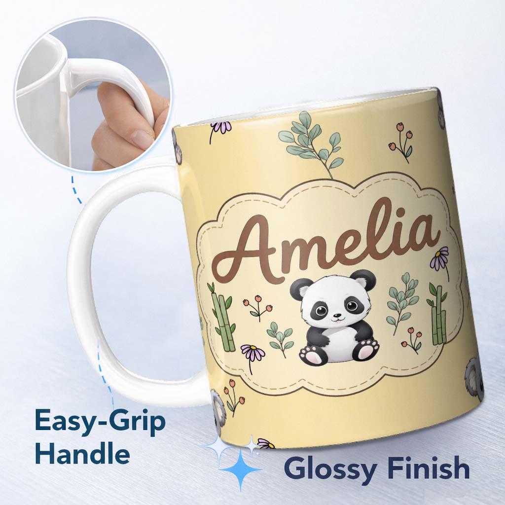 Personalized Custom Name Cute Panda Bear with Bamboo Leaves Floral Pattern Warm Beige Lovely 11oz Ceramic Coffee Tea Mug White Large Handle