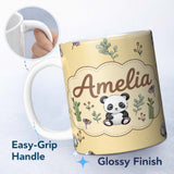 Personalized Custom Name Cute Panda Bear with Bamboo Leaves Floral Pattern Warm Beige Lovely 11oz Ceramic Coffee Tea Mug White Large Handle