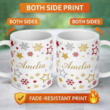 Personalized Custom Name Festive Stars and Snowflakes Pattern White Background Seamless 11oz Ceramic Coffee Tea Mug White Large Handle