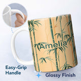 Personalized Custom Name Elegant Bamboo Stalks on Warm Beige Background Asian Botanical 11oz Ceramic Coffee Tea Mug White Large Handle