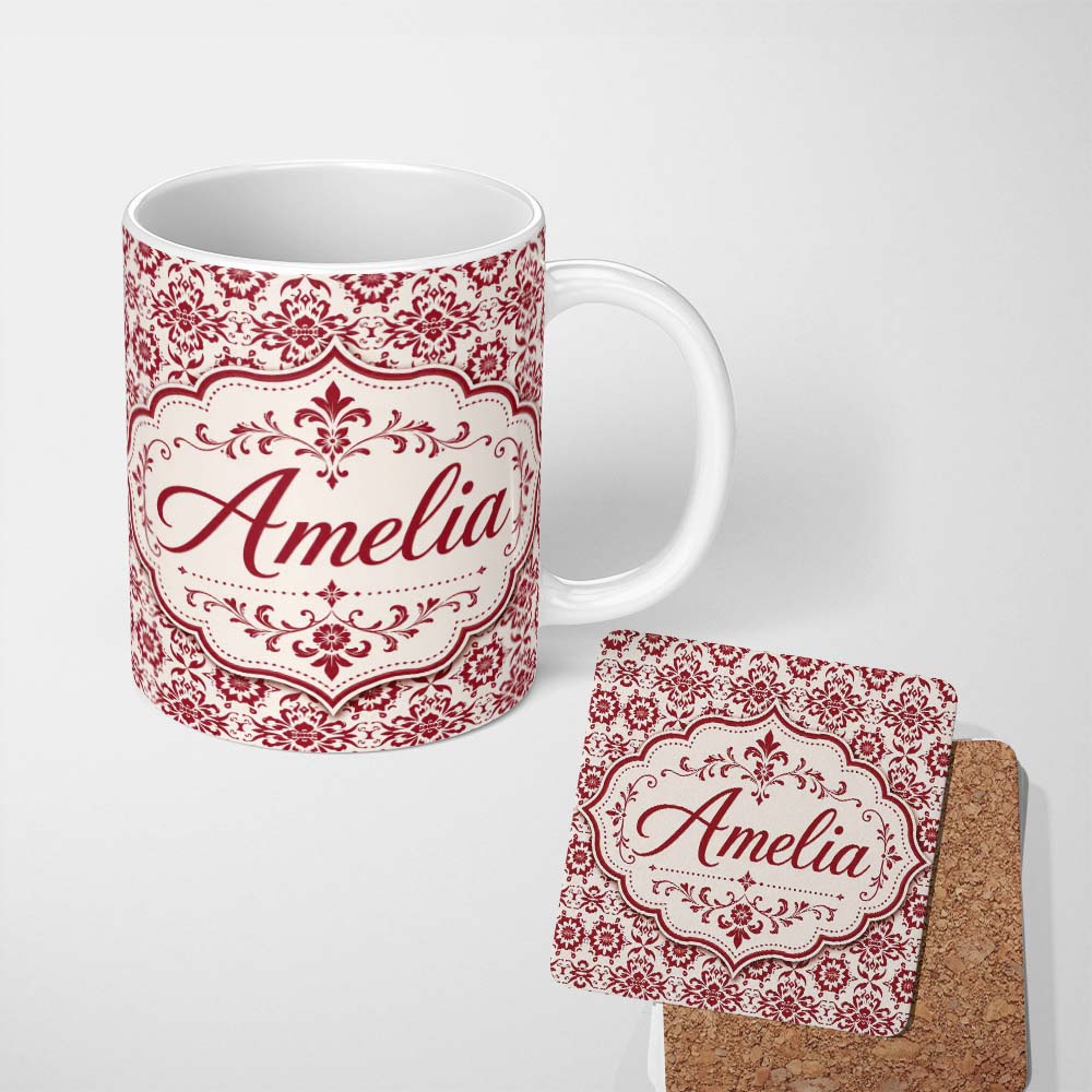 Personalized Custom Name Classic Red Ornamental Floral Damask Seamless Pattern Lovely 11oz Ceramic Coffee Tea Mug White Large Handle
