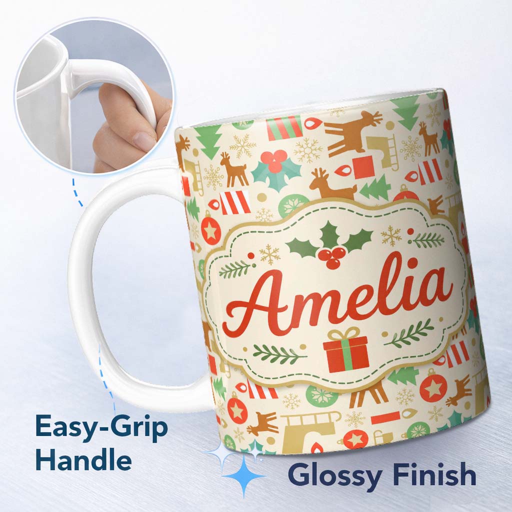 Personalized Custom Name Cute Reindeer Christmas Tree Ornament Seamless Pattern Lovely 11oz Ceramic Coffee Tea Mug White Large Handle