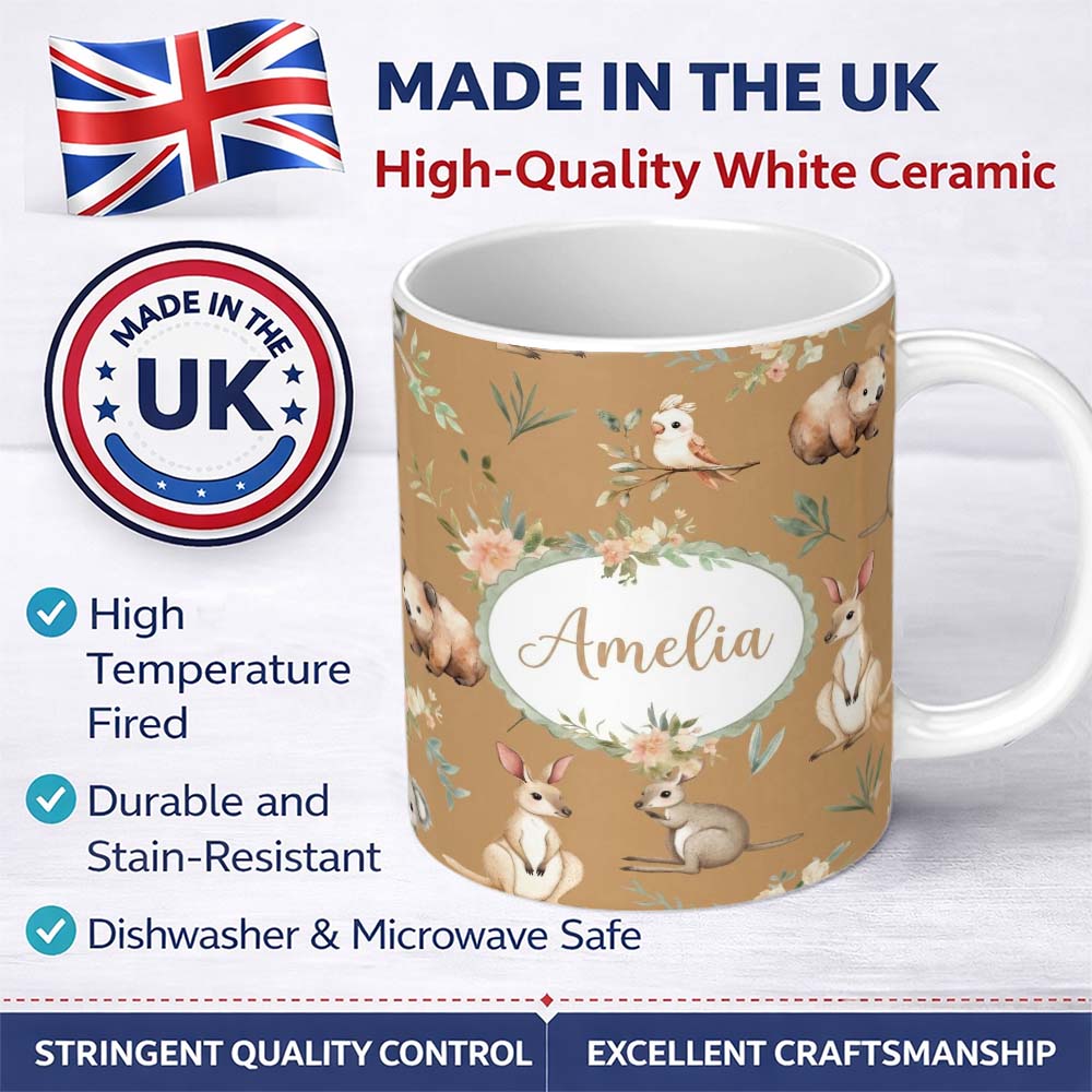 Personalized Custom Name Woodland Animals Koala Kangaroo Bear Floral Beige Seamless Pattern 11oz Ceramic Coffee Tea Mug White Large Handle