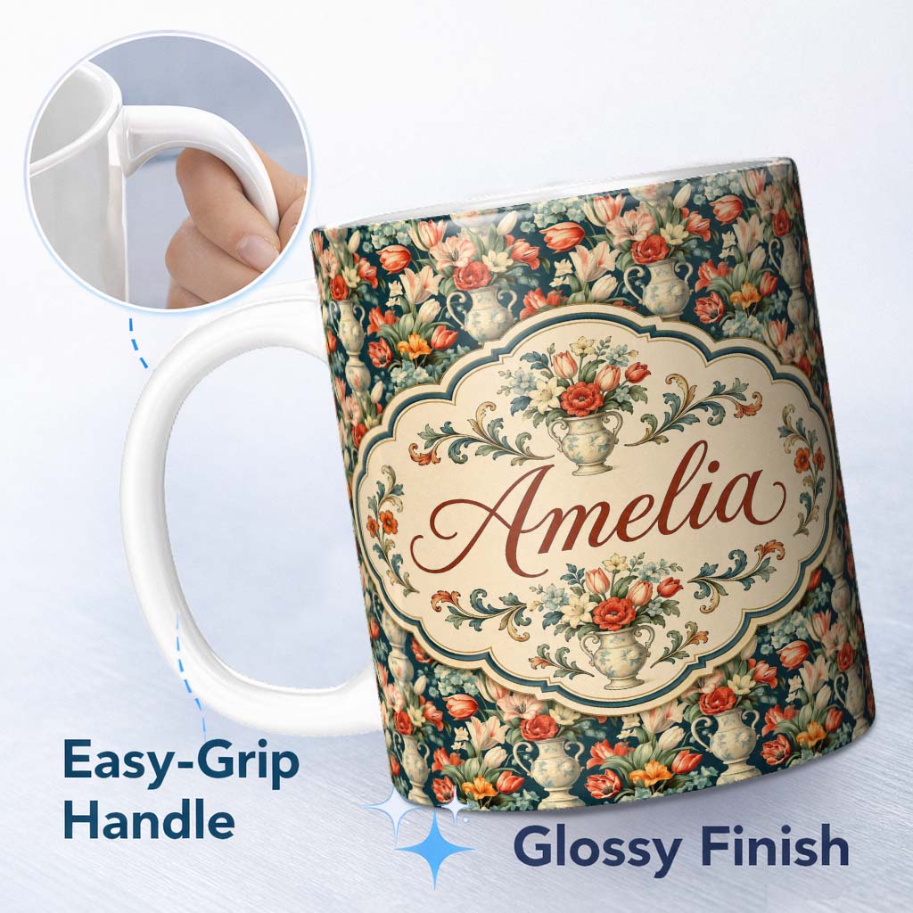 Personalized Custom Name Rich Floral Arrangement with Tulips in Ornate Vase on Dark Lovely 11oz Ceramic Coffee Tea Mug White Large Handle