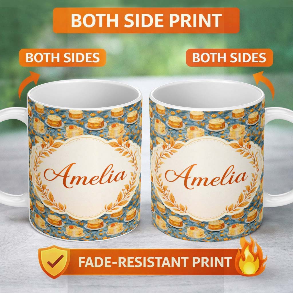 Personalized Custom Name Yellow Artistic Cake Seamless Pattern Painted Dessert Food Lovely 11oz Ceramic Coffee Tea Mug White Large Handle