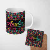 Personalized Custom Name Bold Neon Grunge Triangle Splash Geometric Seamless Pattern Lovely 11oz Ceramic Coffee Tea Mug White Large Handle