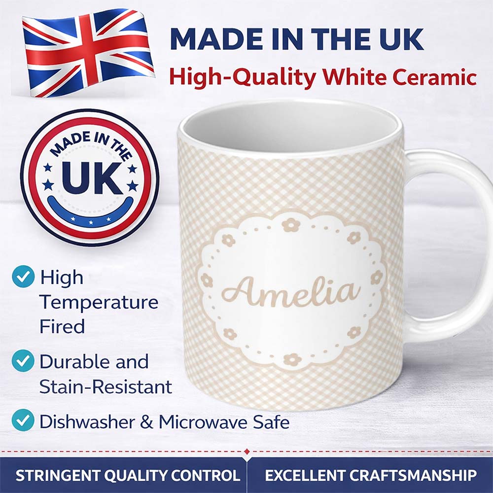 Personalized Custom Name Classic Beige Diagonal Gingham Check Pattern with Soft Vintage 11oz Ceramic Coffee Tea Mug White Large Handle