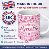 Personalized Custom Name Cute Pink Folk Art Christmas Pattern Seamless Pattern Lovely 11oz Ceramic Coffee Tea Mug White Large Handle