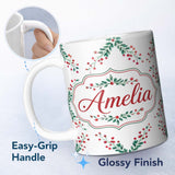 Personalized Custom Name Watercolor Holly Berry Wreath Leaves Festive Seamless Pattern Lovely 11oz Ceramic Coffee Tea Mug White Large Handle