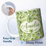 Personalized Custom Name Earthy Green and Yellow Tropical Leaves Botanical Seamless Pattern 11oz Ceramic Coffee Tea Mug White Large Handle