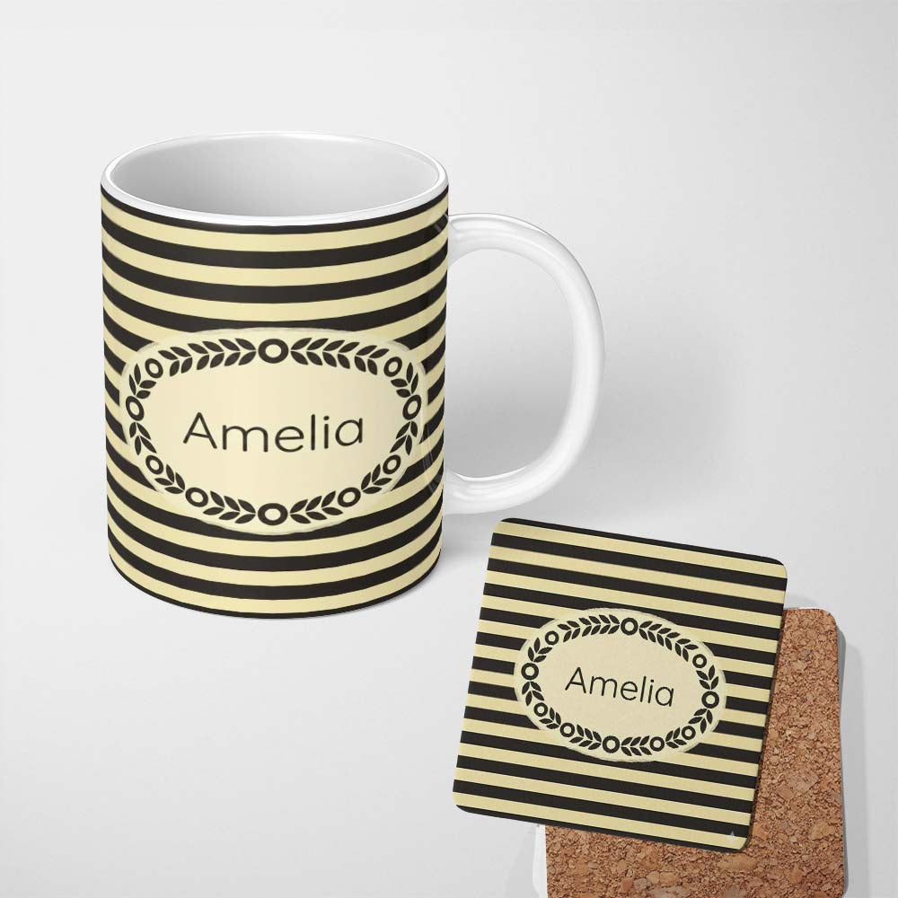 Personalized Custom Name Bold Black and Yellow Stripe Modern Seamless Pattern Lovely 11oz Ceramic Coffee Tea Mug White Large Handle
