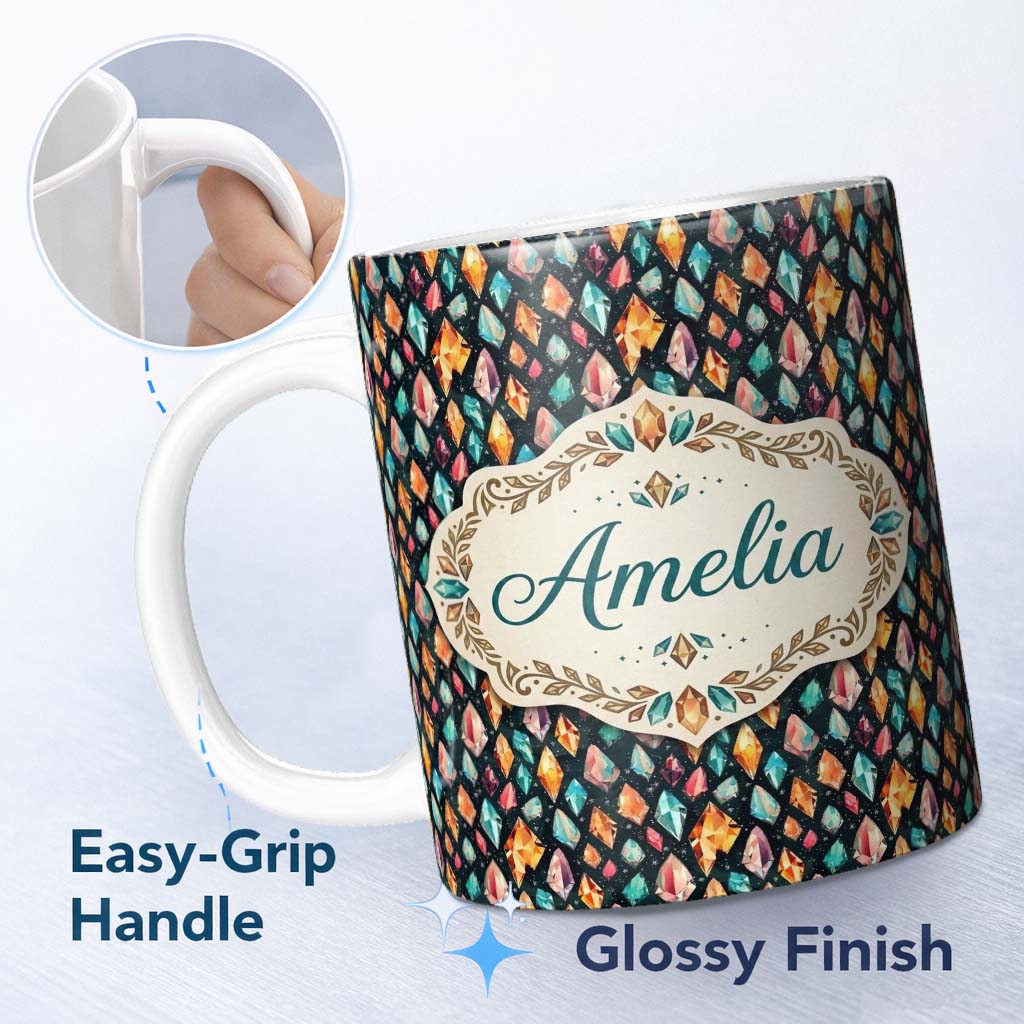 Personalized Custom Name Colorful Crystal Gemstone Dark Galaxy Background Fantasy Lovely 11oz Ceramic Coffee Tea Mug White Large Handle