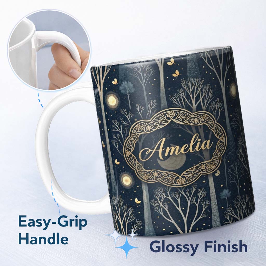 Personalized Custom Name Mystical Forest Trees Moon Starry Night Seamless Pattern Lovely 11oz Ceramic Coffee Tea Mug White Large Handle